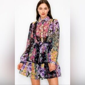 Zara Multicolor Long Sleeve Colorblock Patchwrok Floral Fit & Flare Mini Dress M